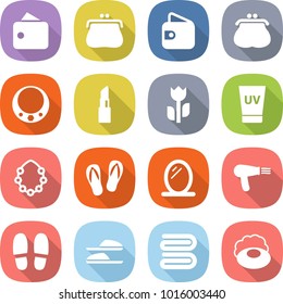 flat vector icon set - wallet vector, purse, necklace, lipstick, perishable, uv cream, hawaiian wreath, flip flops, mirror, hair dryer, slippers, towel, soap