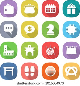 flat vector icon set - wallet vector, purse, calendar, gift, message, money, chess horse, chip, mansion, arch, disco ball, curtain, stool, slippers, sieve, pretzel