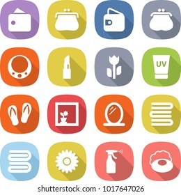 flat vector icon set - wallet vector, purse, necklace, lipstick, perishable, uv cream, flip flops, flower in window, mirror, towels, towel, sprayer, soap