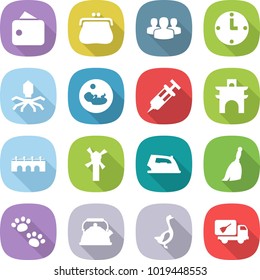 flat vector icon set - wallet vector, purse, group, clock, virus, pregnancy, syringe, arch, bridge, windmill, iron, broom, pets, kettle, goose, home call cleaning