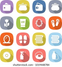 flat vector icon set - wallet vector, purse, perishable, uv cream, hawaiian wreath, flip flops, mirror, slippers, towels, towel, flower, sprayer, soap, shampoo