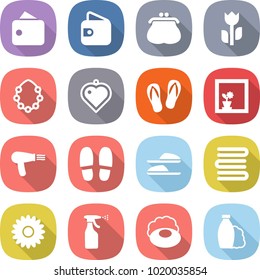 flat vector icon set - wallet vector, purse, perishable, hawaiian wreath, heart pendant, flip flops, flower in window, hair dryer, slippers, towels, sprayer, soap, shampoo