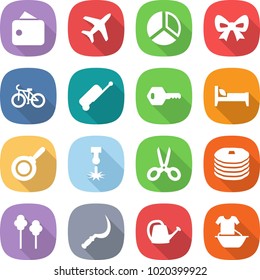 flat vector icon set - wallet vector, plane, diagram, bow, bike, suitcase, key, bed, pan, laser, scissors, pancakes, trees, sickle, watering can, handle washing