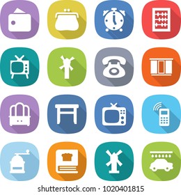 flat vector icon set - wallet vector, purse, alarm clock, abacus, tv, windmill, phone, wardrobe, dresser, stool, mobile, hand mill, cooking book, car wash