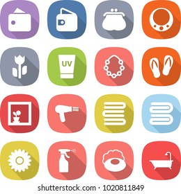 flat vector icon set - wallet vector, purse, necklace, perishable, uv cream, hawaiian wreath, flip flops, flower in window, hair dryer, towels, towel, sprayer, soap, bath