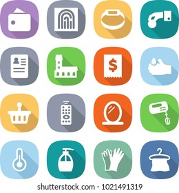 flat vector icon set - wallet vector, fingerprint, smart bracelet, hand coin, anamnesis, mansion, tax, acid, basket, remote control, mirror, mixer, thermometer, liquid soap, gloves, hanger