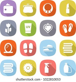flat vector icon set - wallet vector, purse, necklace, lipstick, perishable, uv cream, heart pendant, flip flops, mirror, slippers, towels, towel, flower, sprayer, shampoo
