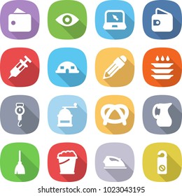 flat vector icon set - wallet vector, eye, notebook, syringe, dome house, pencil, plate washing, handle scales, hand mill, pretzel, jug, broom, foam bucket, iron, do not disturb