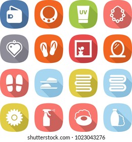 flat vector icon set - wallet vector, necklace, uv cream, hawaiian wreath, heart pendant, flip flops, flower in window, mirror, slippers, towels, towel, sprayer, soap, shampoo