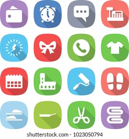 flat vector icon set - wallet vector, alarm clock, message, cashbox, lightning, bow, phone, t shirt, calendar, mansion, repair, slippers, pan, scissors, towel