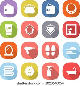 flat vector icon set - wallet vector, purse, necklace, uv cream, hawaiian wreath, heart pendant, flower in window, mirror, hair dryer, slippers, towel, sprayer, bath