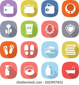 flat vector icon set - wallet vector, purse, necklace, perishable, uv cream, hawaiian wreath, heart pendant, flip flops, slippers, towels, sprayer, soap, shampoo, bath