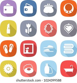 flat vector icon set - wallet vector, purse, necklace, lipstick, perishable, hawaiian wreath, heart pendant, flip flops, flower in window, slippers, towel, soap, shampoo, bath