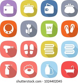 flat vector icon set - wallet vector, purse, necklace, perishable, uv cream, flip flops, hair dryer, slippers, towels, towel, sprayer, soap, shampoo, bath