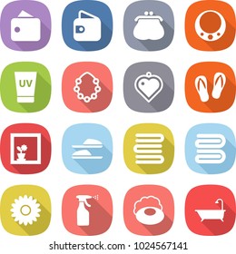 flat vector icon set - wallet vector, purse, necklace, uv cream, hawaiian wreath, heart pendant, flip flops, flower in window, slippers, towels, towel, sprayer, soap, bath