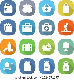 flat vector icon set - wallet vector, purse, add to basket, shopping bag, doctor, case, tourist, passenger, suitcase, baggage checking, get, trolley, flour, fertilizer