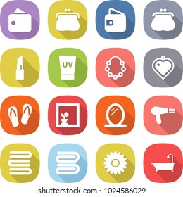 flat vector icon set - wallet vector, purse, lipstick, uv cream, hawaiian wreath, heart pendant, flip flops, flower in window, mirror, hair dryer, towels, towel, bath