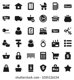 Flat vector icon set - wallet vector, money bag, new, open, closed, 24 hour, shopping, mall, customer, support, buy, barcode, card reader, cashbox, basket, cart, home, list, calculator, delivery