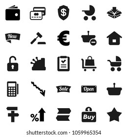 Flat vector icon set - wallet vector, crisis, percent growth, euro sign, credit card, sale, new, open, buy, reader, cashbox, basket, home, shopping list, auction, trolley, unlock, baby stroller