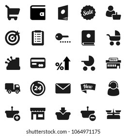 Flat vector icon set - wallet vector, percent growth, credit card, sale, new, 24 hour, store, mall, customer, support, target, cashbox, basket, cart, shopping list, delivery, mail, catalog, password