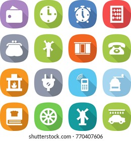 flat vector icon set - wallet vector, clock, alarm, abacus, purse, windmill, wardrobe, phone, fireplace, plug, mobile, hand mill, cooking book, wheel, car wash