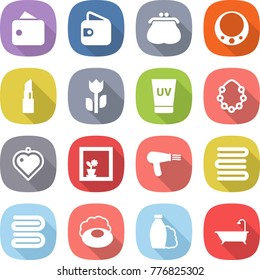 flat vector icon set - wallet vector, purse, necklace, lipstick, perishable, uv cream, hawaiian wreath, heart pendant, flower in window, hair dryer, towels, towel, soap, shampoo, bath