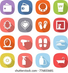 flat vector icon set - wallet vector, necklace, uv cream, hawaiian wreath, heart pendant, flip flops, flower in window, mirror, hair dryer, slippers, sprayer, shampoo, bath