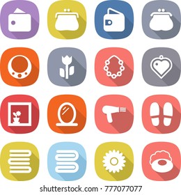 flat vector icon set - wallet vector, purse, necklace, perishable, hawaiian wreath, heart pendant, flower in window, mirror, hair dryer, slippers, towels, towel, soap