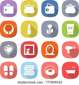 flat vector icon set - wallet vector, purse, necklace, lipstick, perishable, uv cream, heart pendant, flower in window, mirror, hair dryer, slippers, towel, soap, bath