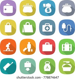 flat vector icon set - wallet vector, purse, money gift, shopping bag, doctor case, dropper, tourist, passenger, suitcase, baggage get, fertilizer, washing powder