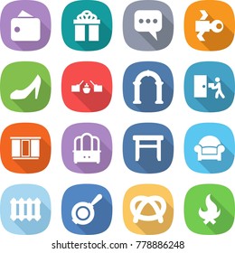 flat vector icon set - wallet vector, gift, message, satellite, shoes, drawbridge, arch, courier delivery, wardrobe, dresser, stool, armchair, radiator, pan, pretzel, fire