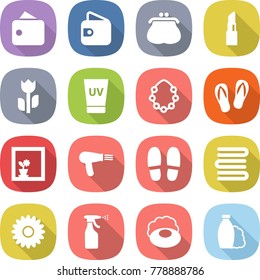 flat vector icon set - wallet vector, purse, lipstick, perishable, uv cream, hawaiian wreath, flip flops, flower in window, hair dryer, slippers, towels, sprayer, soap, shampoo