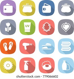 flat vector icon set - wallet vector, purse, perishable, uv cream, hawaiian wreath, heart pendant, flip flops, hair dryer, slippers, towel, flower, sprayer, soap, shampoo