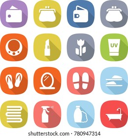 flat vector icon set - wallet vector, purse, necklace, lipstick, perishable, uv cream, flip flops, mirror, slippers, towels, sprayer, shampoo, bath