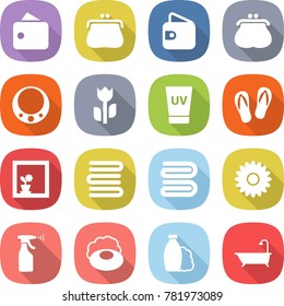 flat vector icon set - wallet vector, purse, necklace, perishable, uv cream, flip flops, flower in window, towels, towel, sprayer, soap, shampoo, bath