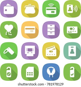 flat vector icon set - wallet vector, purse, tap to pay, pass card, cardio chip, credit, archive, label, atm, identity, do not distrub, sim, sheep, please clean
