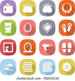 flat vector icon set - wallet vector, purse, necklace, uv cream, hawaiian wreath, heart pendant, flip flops, flower in window, mirror, hair dryer, slippers, towels, towel