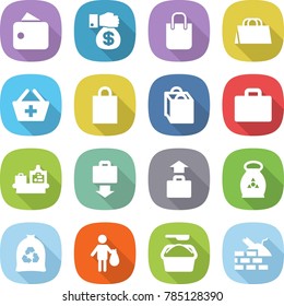 flat vector icon set - wallet vector, money gift, shopping bag, add to basket, suitcase, baggage checking, get, fertilizer, garbage, trash, washing powder, construct