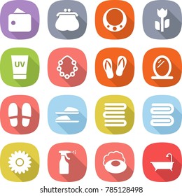 flat vector icon set - wallet vector, purse, necklace, perishable, uv cream, hawaiian wreath, flip flops, mirror, slippers, towels, towel, flower, sprayer, soap, bath