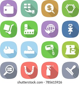 flat vector icon set - wallet vector, gift, dollar arrow, hex molecule, cargo stoller, mansion, delivery, do not hook sign, acid, shark flipper, mixer, coffee maker, data search, horseshoe, sprayer