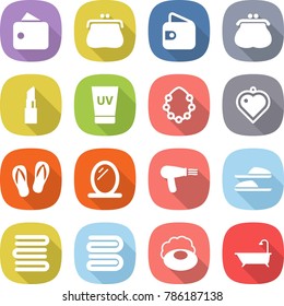 flat vector icon set - wallet vector, purse, lipstick, uv cream, hawaiian wreath, heart pendant, flip flops, mirror, hair dryer, slippers, towels, towel, soap, bath