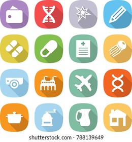 flat vector icon set - wallet vector, dna, bang, pencil, pill, recipe, jellyfish, surveillance camera, factory, plane, pan, hand mill, jug, house