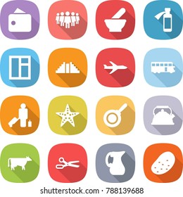 flat vector icon set - wallet vector, team, mortar, potion bottle, window, pyramid, plane, bus, passenger, starfish, pan, kettle, cow, scissors, jug, potato