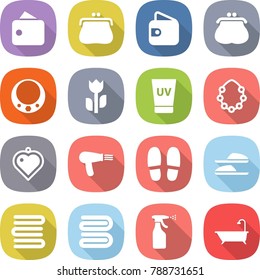 flat vector icon set - wallet vector, purse, necklace, perishable, uv cream, hawaiian wreath, heart pendant, hair dryer, slippers, towels, towel, sprayer, bath