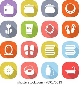 flat vector icon set - wallet vector, purse, necklace, perishable, uv cream, hawaiian wreath, flip flops, mirror, slippers, towels, towel, flower, soap, shampoo, bath