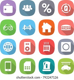 flat vector icon set - wallet vector, group, percent, battery charge, smart glasses, bridge, home, airport building, globe, speaker, radiator, ring button, phone, sim card, kettle, car wash