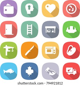 flat vector icon set - wallet vector, bulb head, heart, microbe, door, ladder, gas station, building helmet, tower crane, knife, grill oven, beans, fish, maple leaf, wiping, home call cleaning