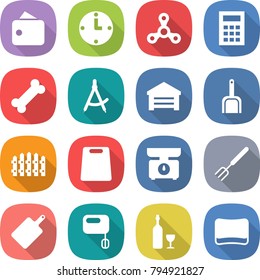 flat vector icon set - wallet vector, clock, spinner, calculator, bone, draw compass, garage, scoop, fence, cutting board, kitchen scales, big fork, mixer, wine, sponge