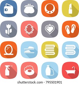 flat vector icon set - wallet vector, purse, necklace, lipstick, perishable, hawaiian wreath, heart pendant, flip flops, mirror, slippers, towels, towel, sprayer, soap, shampoo, bath