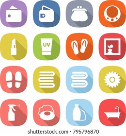 flat vector icon set - wallet vector, purse, necklace, lipstick, uv cream, flip flops, flower in window, slippers, towels, towel, sprayer, soap, shampoo, bath